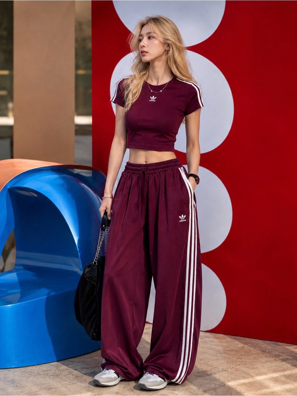 NWOT Adidas Women’s Oversized Burgundy Wide-Leg Track Pants 3-Stripes - Picture 1 of 11